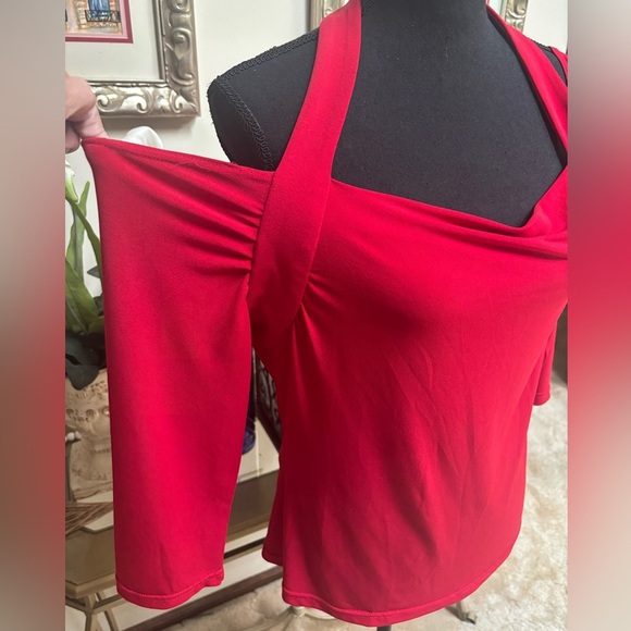 JOSEPH RIBKOFF Red Off The Shoulder Halter Style Blouse Drape Neck Top Sz 16 - Picture 3 of 11